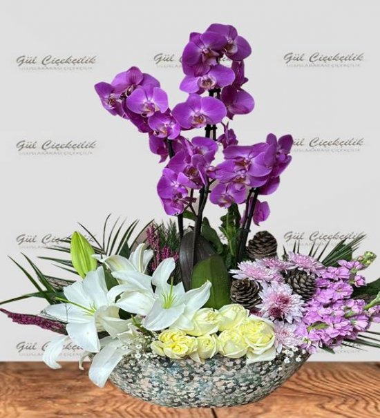 Lila Orkide ve Mevsim Çiçekleri Aranjmanı