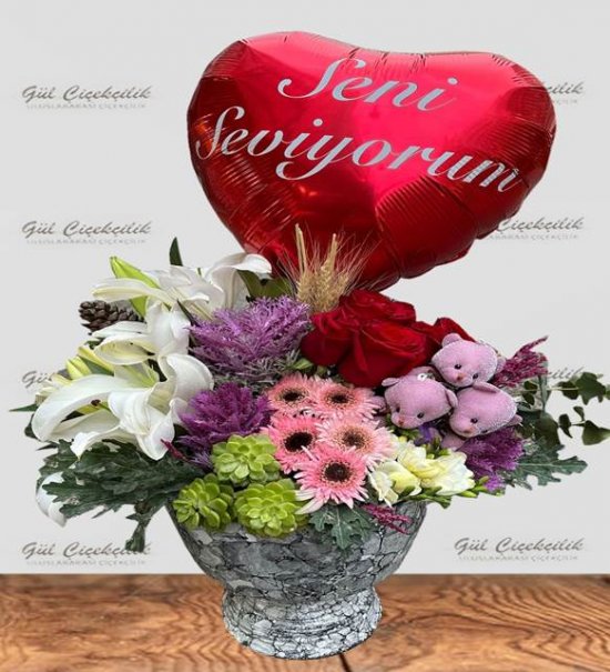 Seni Seviyorum Balonlu Çiçek Aranjmanı